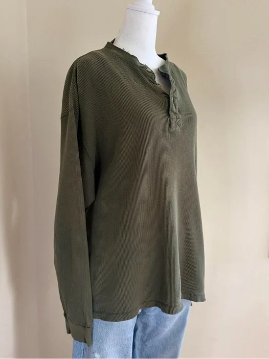 Vintage 90s grunge skater distressed henley button waffle knit shirt green L-XL - Picture 5 of 11